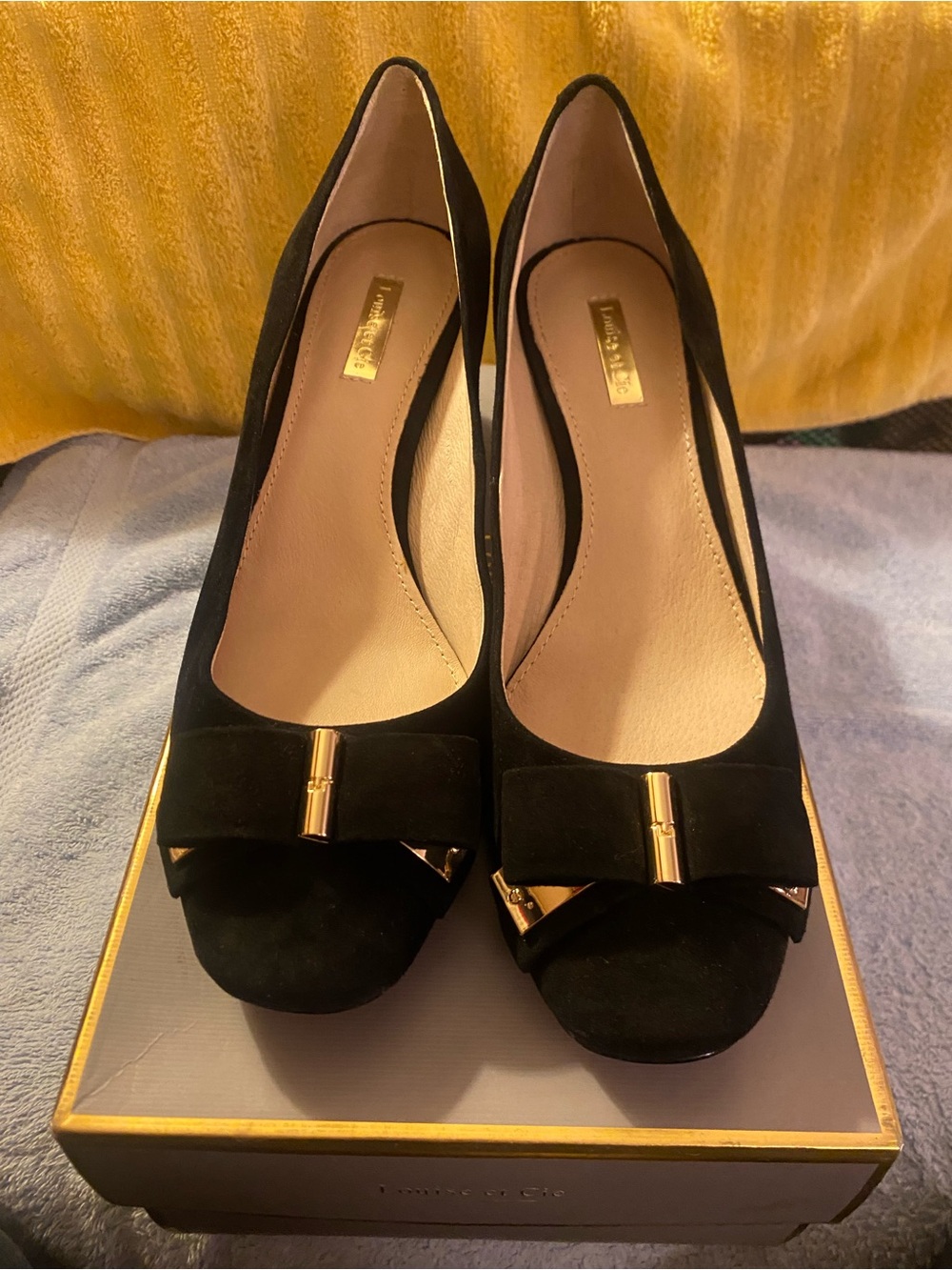 Black Suede elegant pumps with Gold Bow Accent Louise et Cie 9M